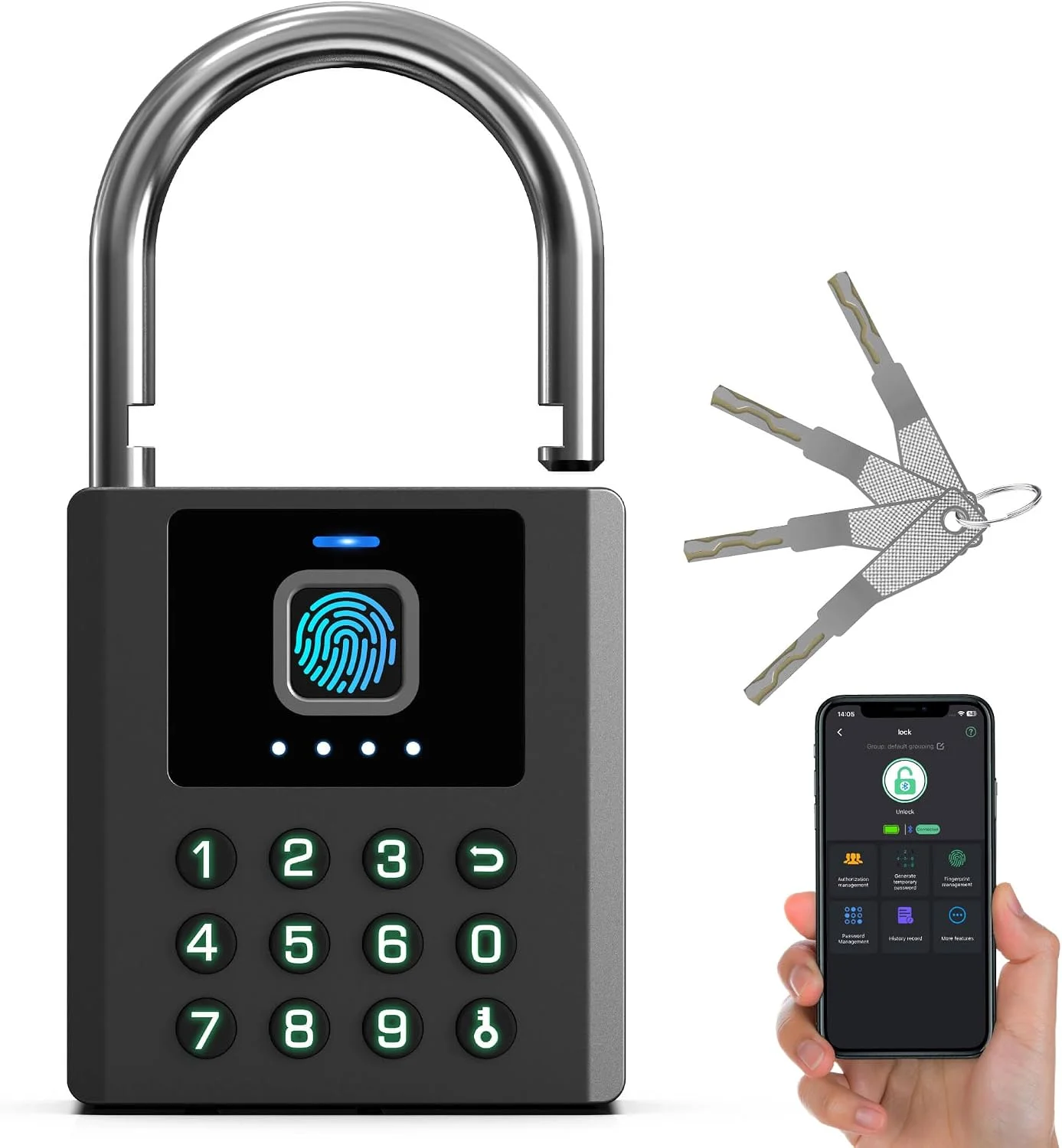 Anweller P15 smart padlock showcasing its multiple unlocking methods including fingerprint and keypad