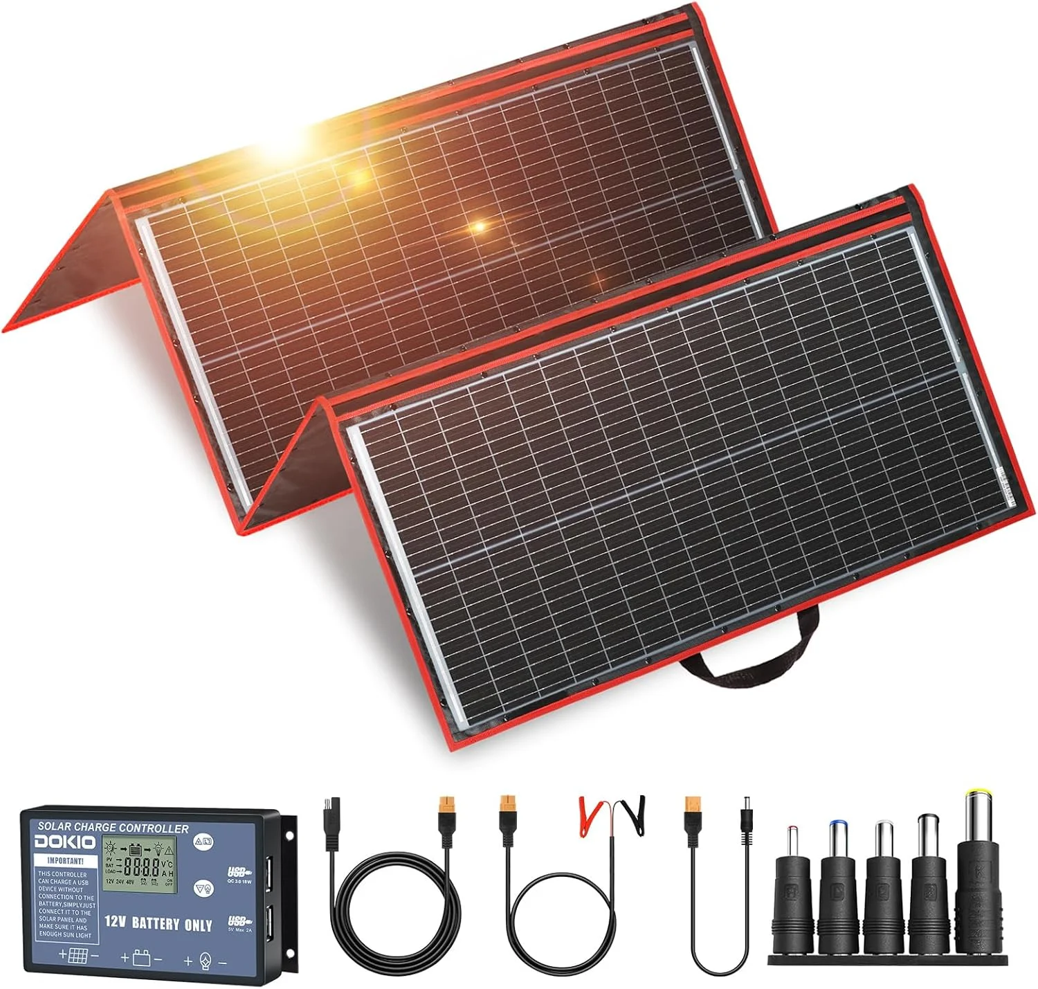 DOKIO 300W portable solar panel in unfolded state, showcasing monocrystalline cells