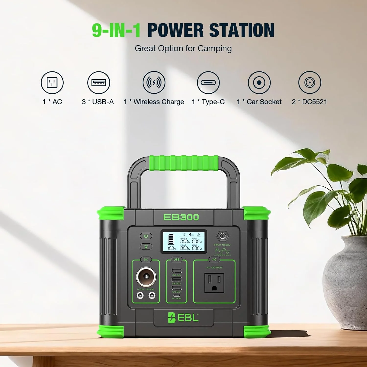 Close-up of the various USB and DC output ports on the EBL EB300 power station