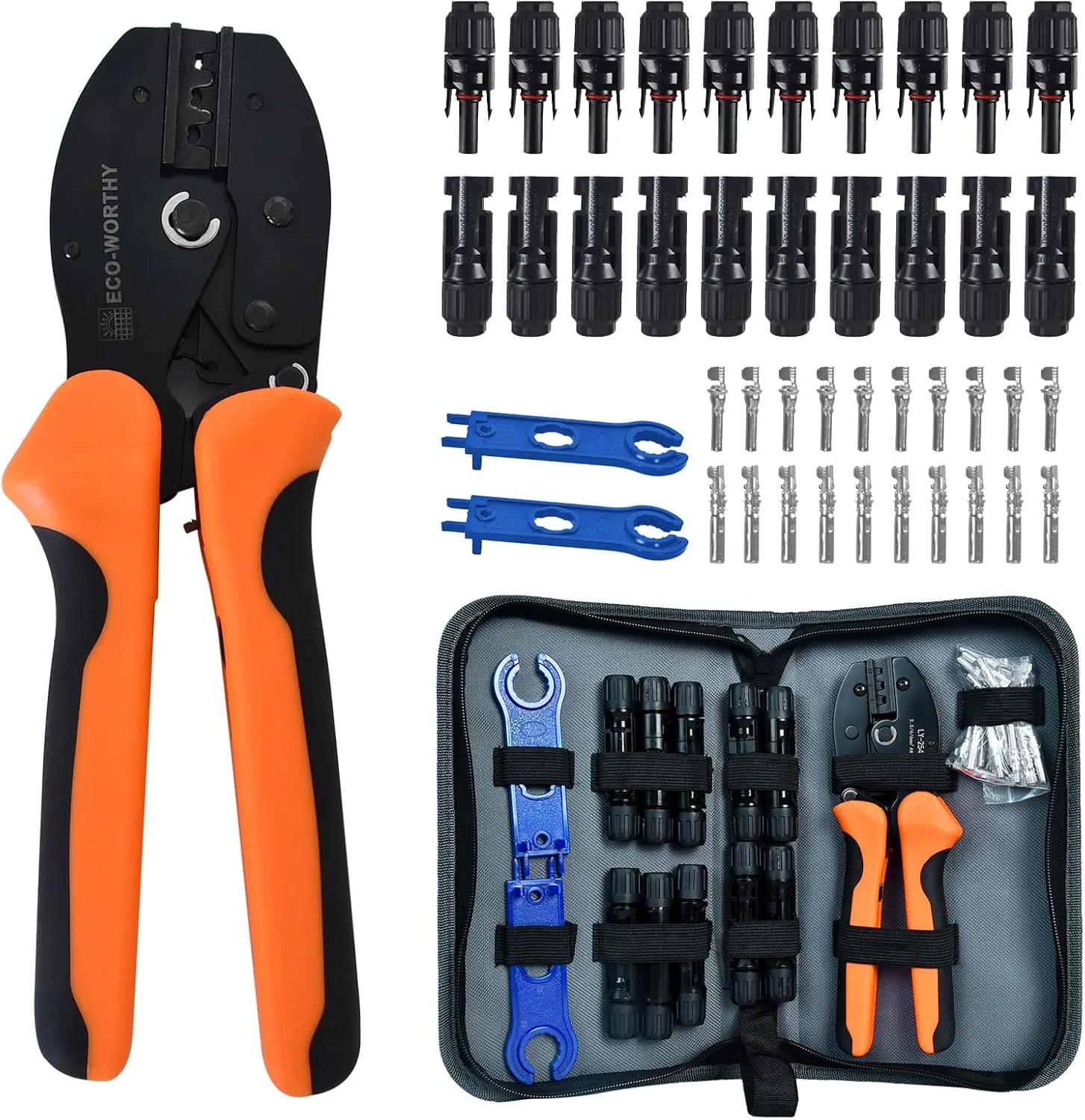 ECO-WORTHY Solar Crimper Tool Kit contents including crimpers, connectors, and wrenches