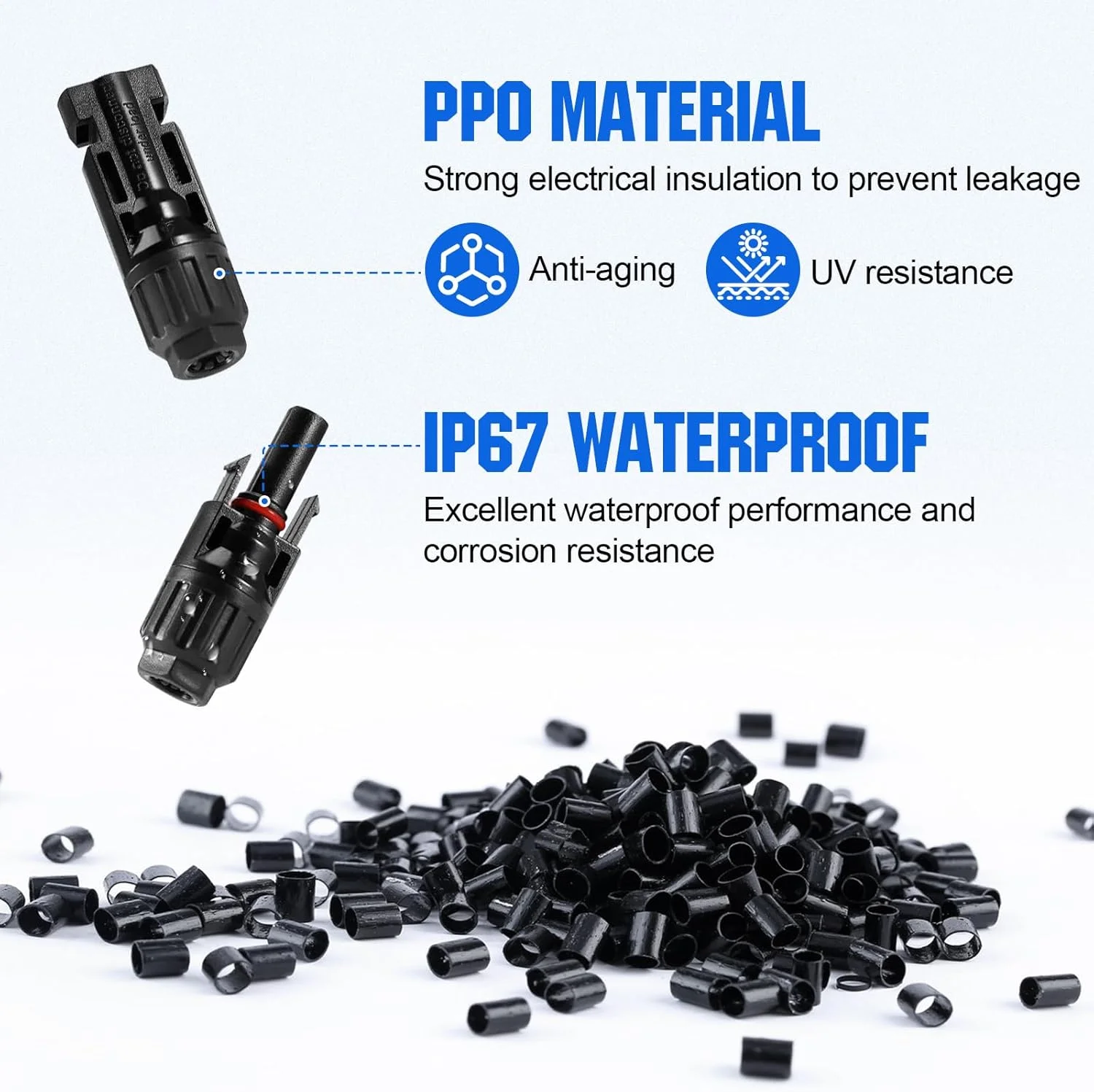 PPO solar connectors included in the ECO-WORTHY kit, highlighting UV resistance