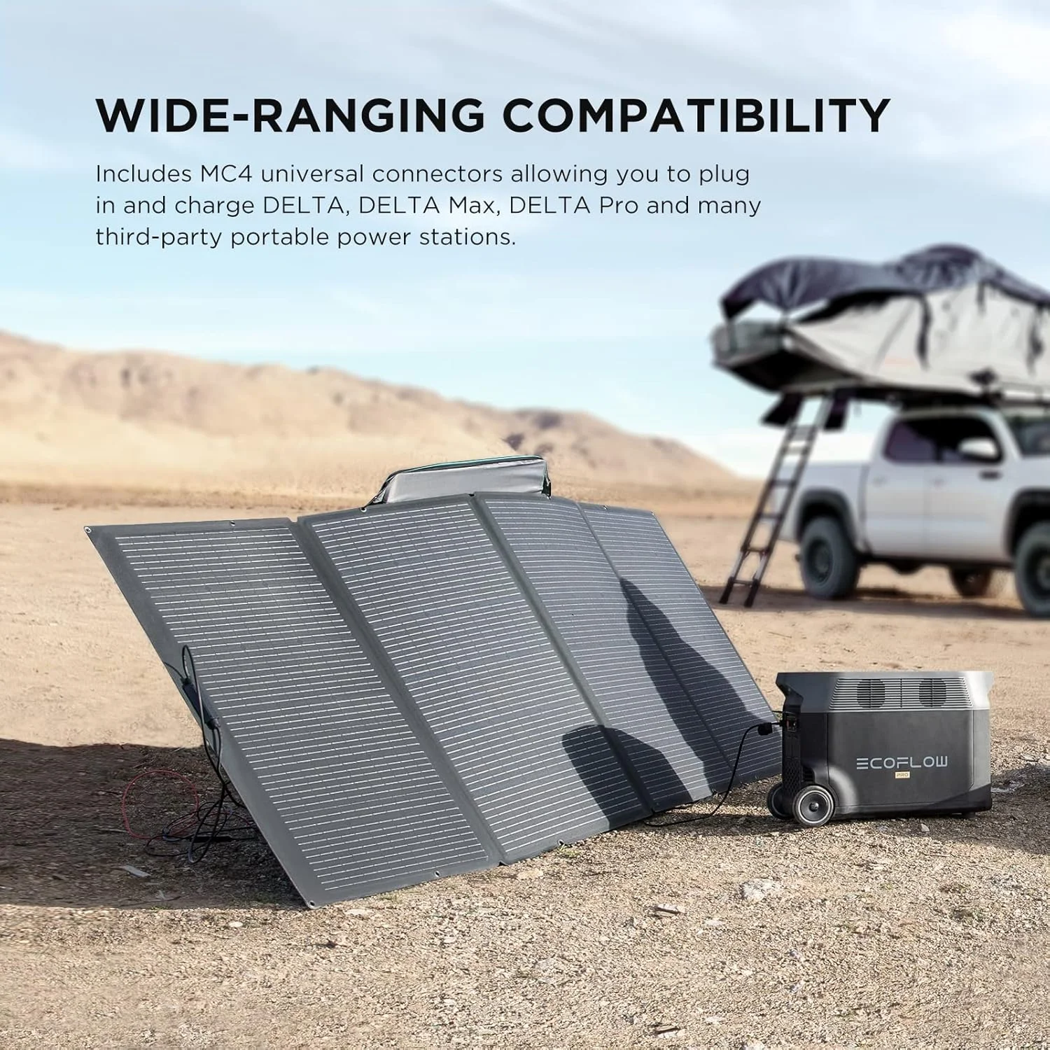 EF ECOFLOW 400W solar panel being used to charge a power station in a portable setup, ideal for outdoor adventures or emergency preparedness