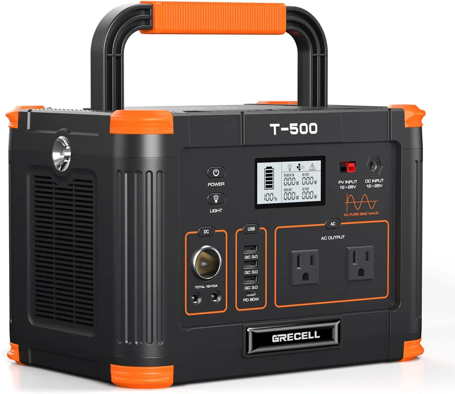 GRECELL 500W Portable Power Station front view showing ports