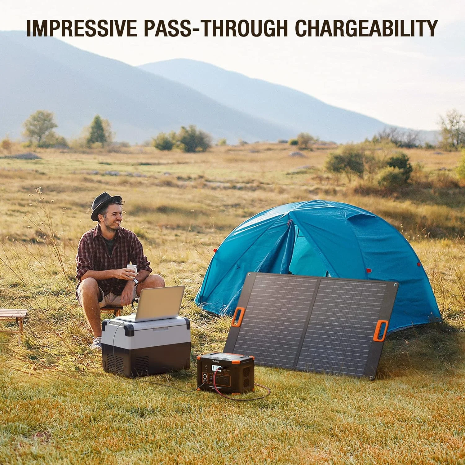 GRECELL 500W Portable Power Station being recharged via solar panel
