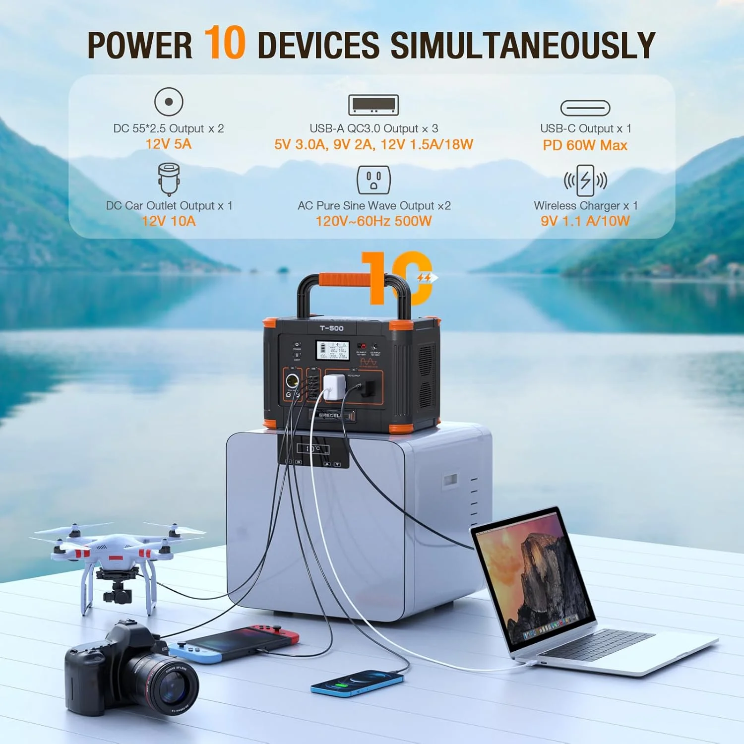 GRECELL 500W Portable Power Station with integrated LED flashlight activated