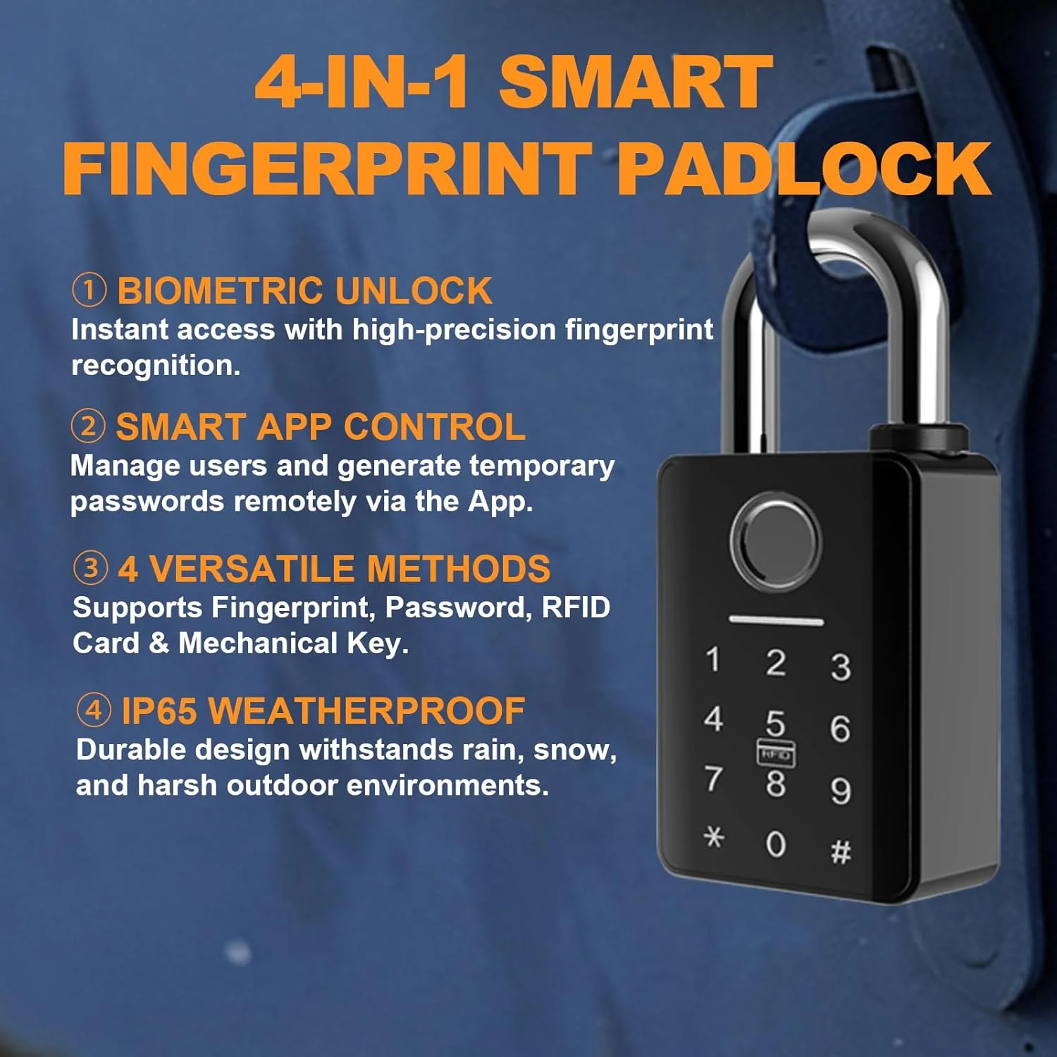 Diagram showing multiple unlock methods for the smart padlock