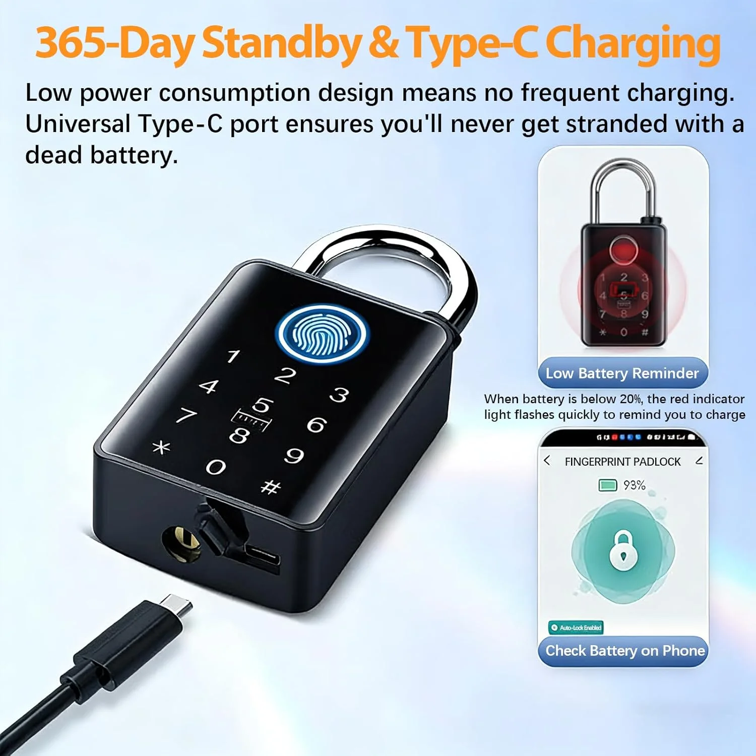 Close-up of the USB-C emergency power port on the smart padlock