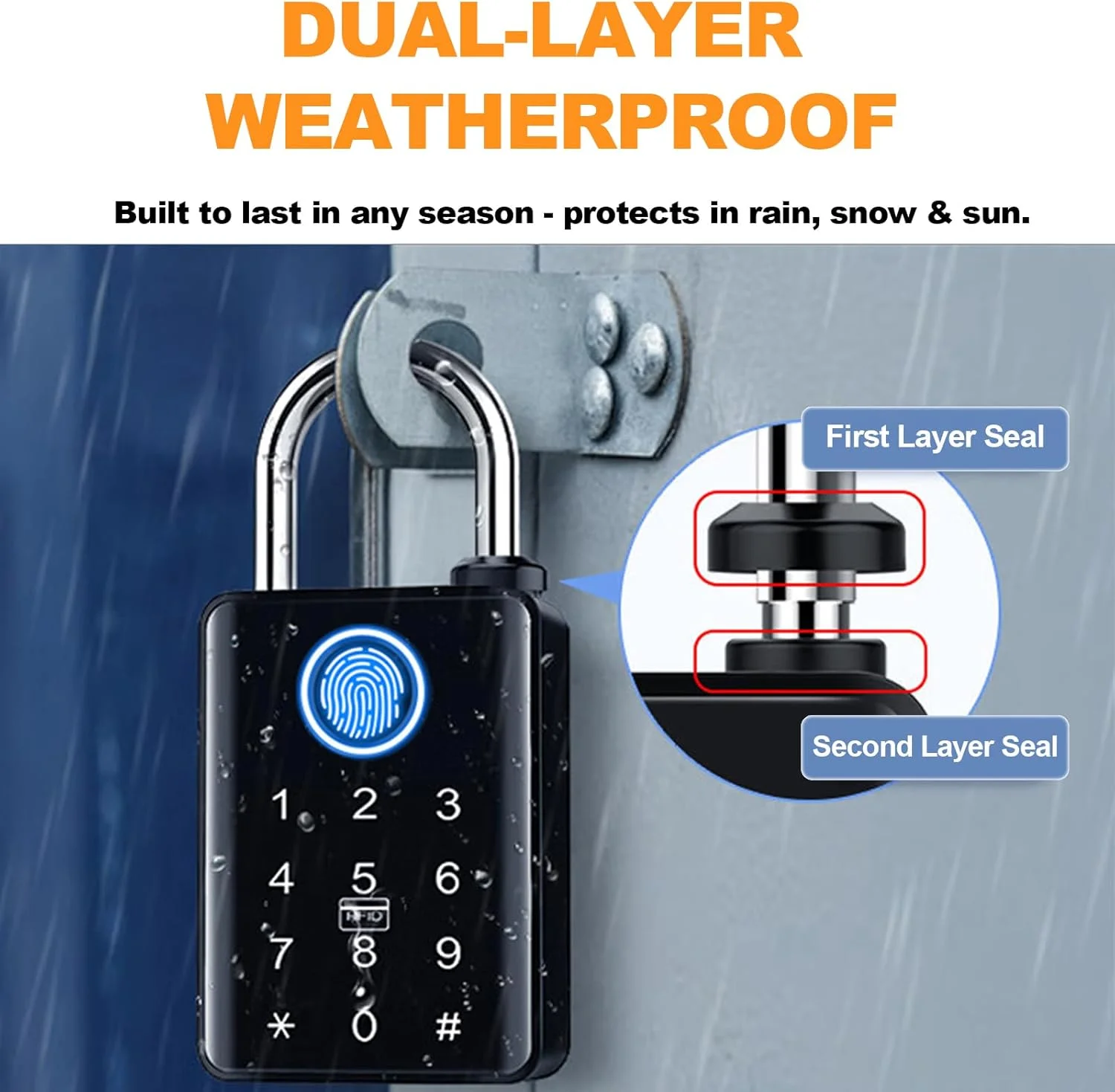 Padlock shown mounted on an outdoor gate in various weather conditions