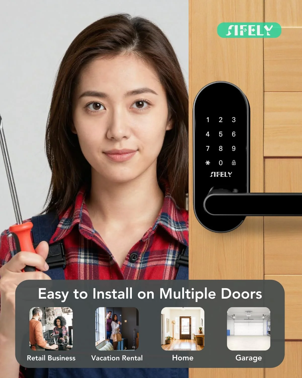 Close-up of the smart door lock showing battery compartment and keyhole