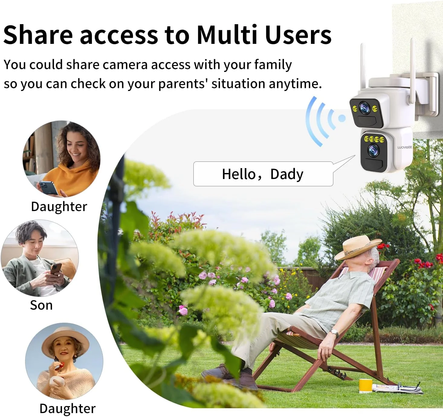 A user interacting with the Luovisee Dual Lens Solar Camera mobile app on a smartphone.