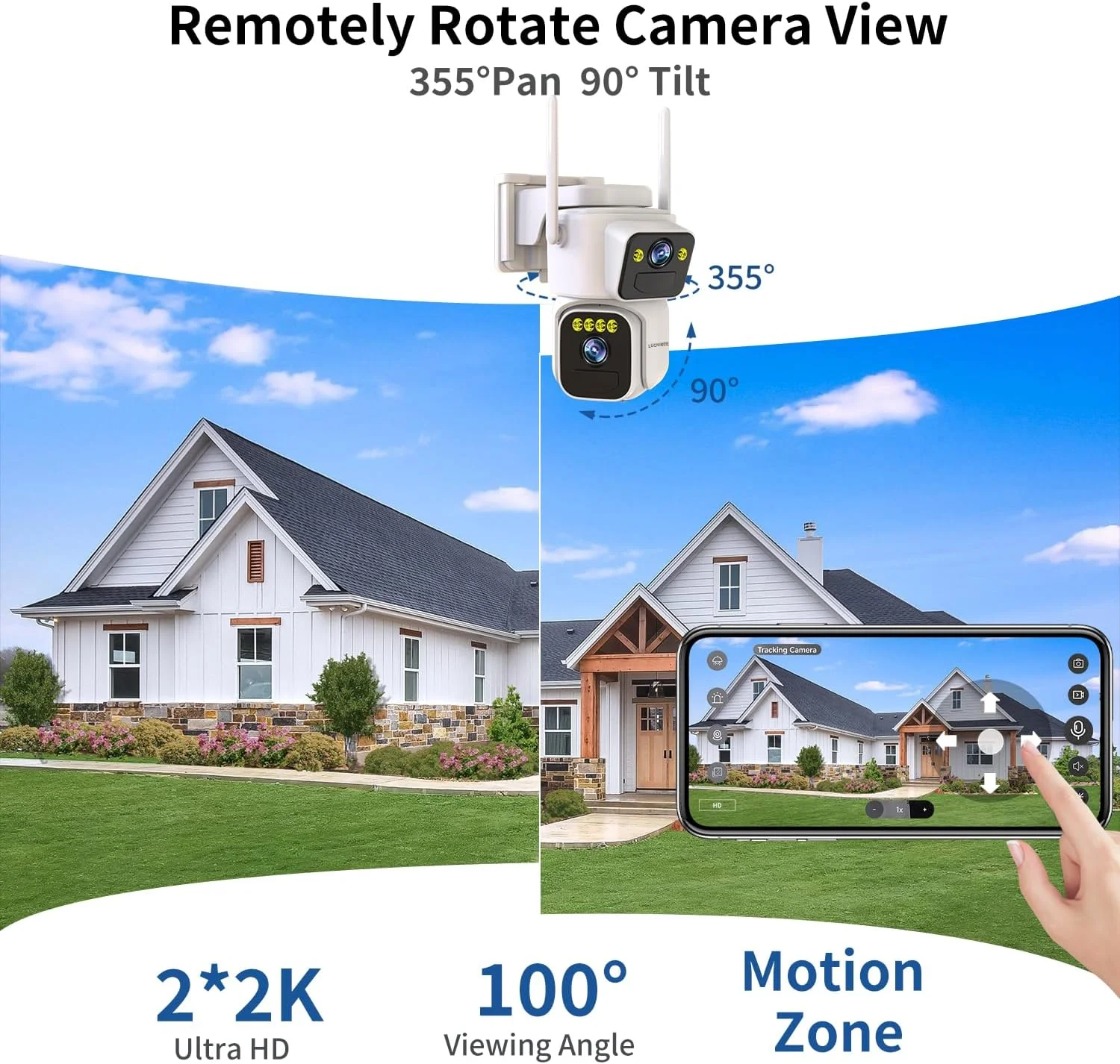 The Luovisee Dual Lens Solar Camera installed outdoors, demonstrating its weatherproof design in a typical home environment.