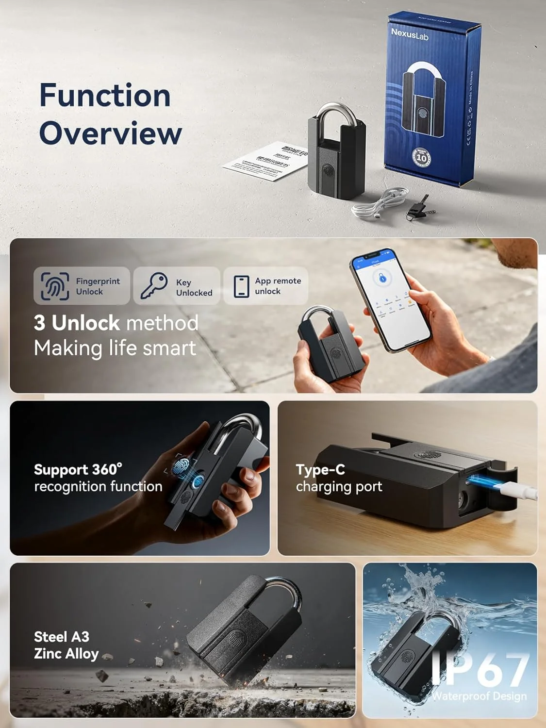 Illustration of the NexusLab Fingerprint Padlock connected to the TTLock smartphone app