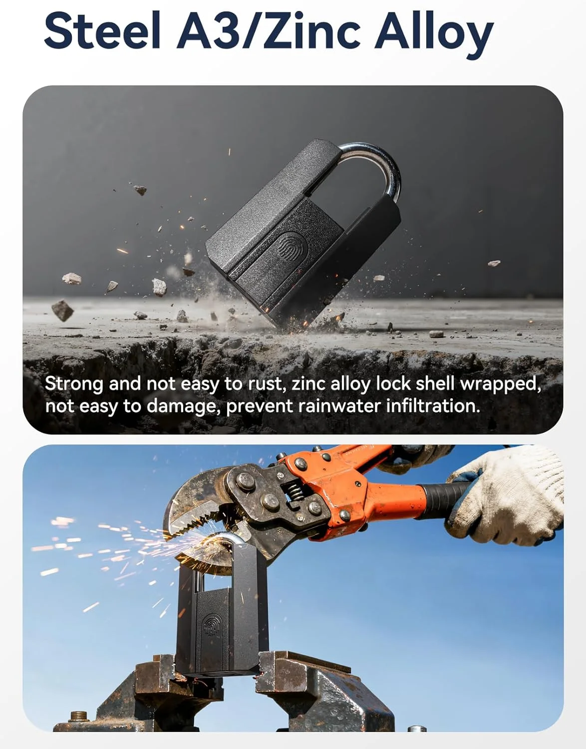 Lifestyle image of the NexusLab Fingerprint Padlock securing a shed or outdoor equipment