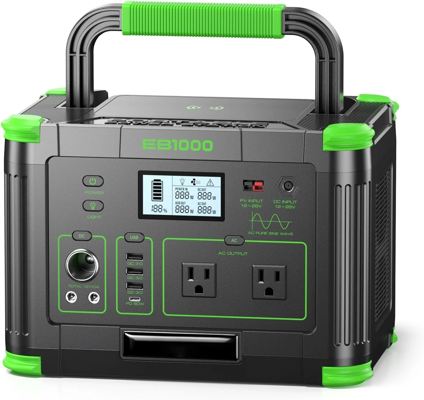 Portable Power Station 1000W with 999Wh capacity and 1000W pure sine wave output