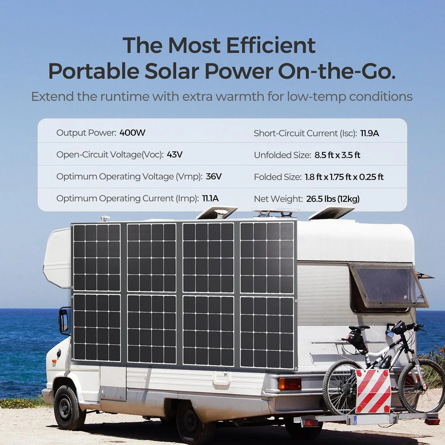 Close-up view of the high-efficiency Sunpower solar cells integrated into the Renogy 400W panel.