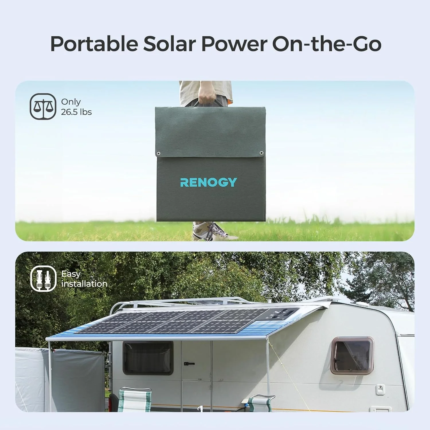The Renogy 400W solar panel being deployed in an outdoor setting, showing its quick setup capability.