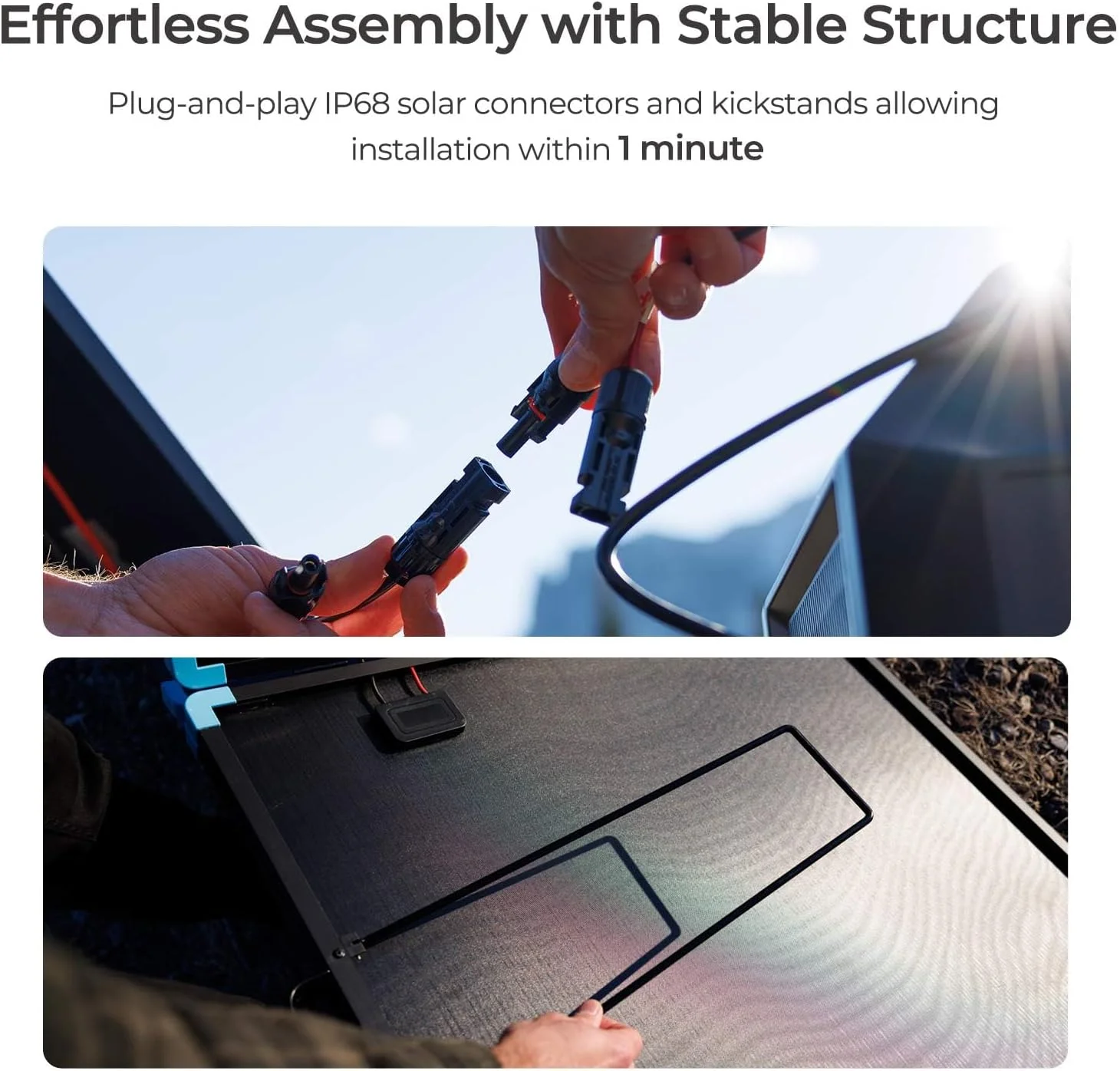Integrated kickstands on the Renogy 400W panel allowing for adjustable tilt angles