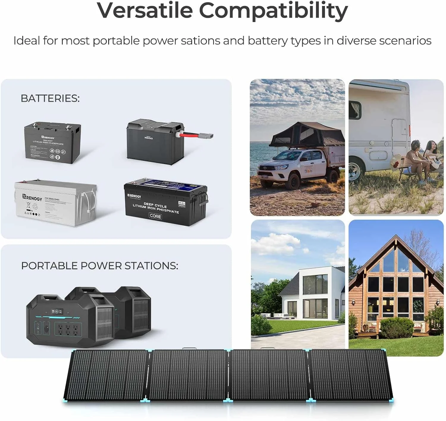 The Renogy 400W Portable Solar Panel Suitcase deployed in an outdoor setting, connected to a power station