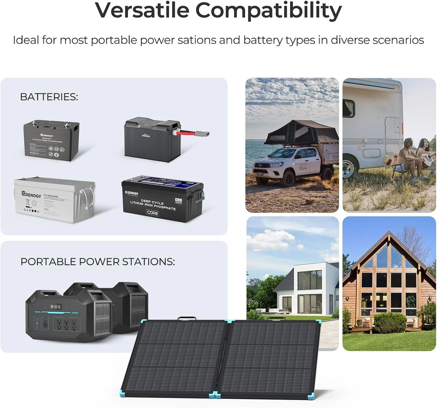 The Renogy REGO 300W solar panel with adjustable legs or stand deployed