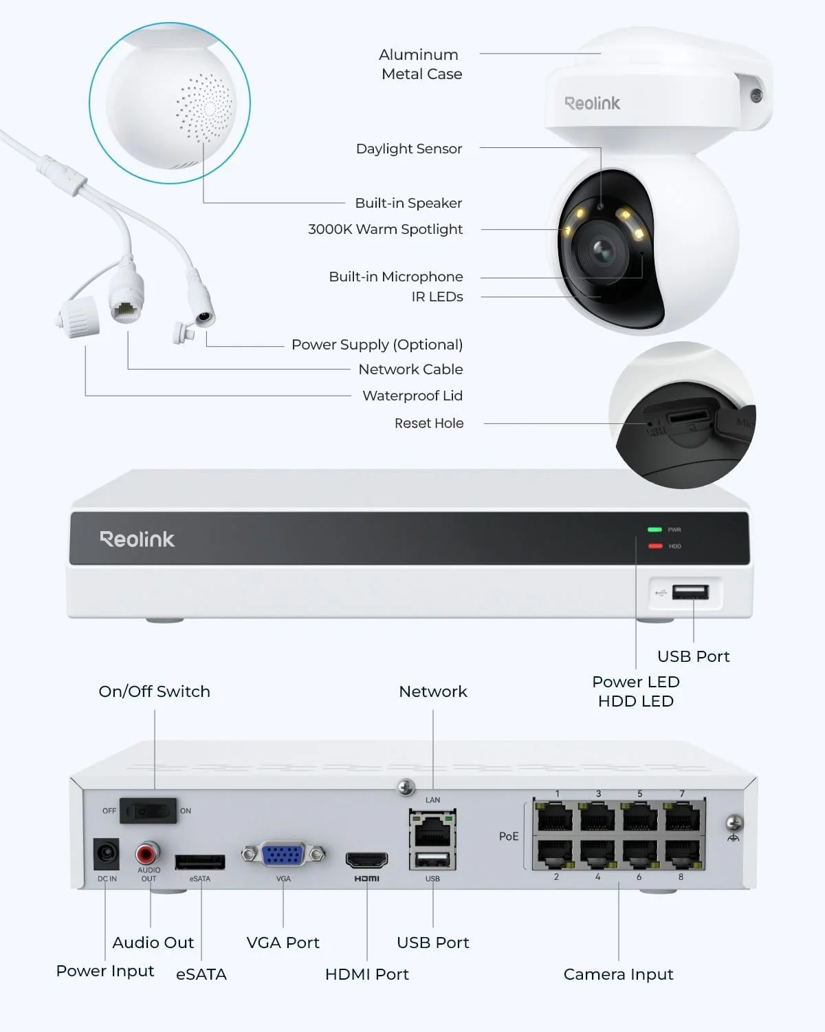 Reolink RLK8-800PT4 camera mounted outdoors in various conditions