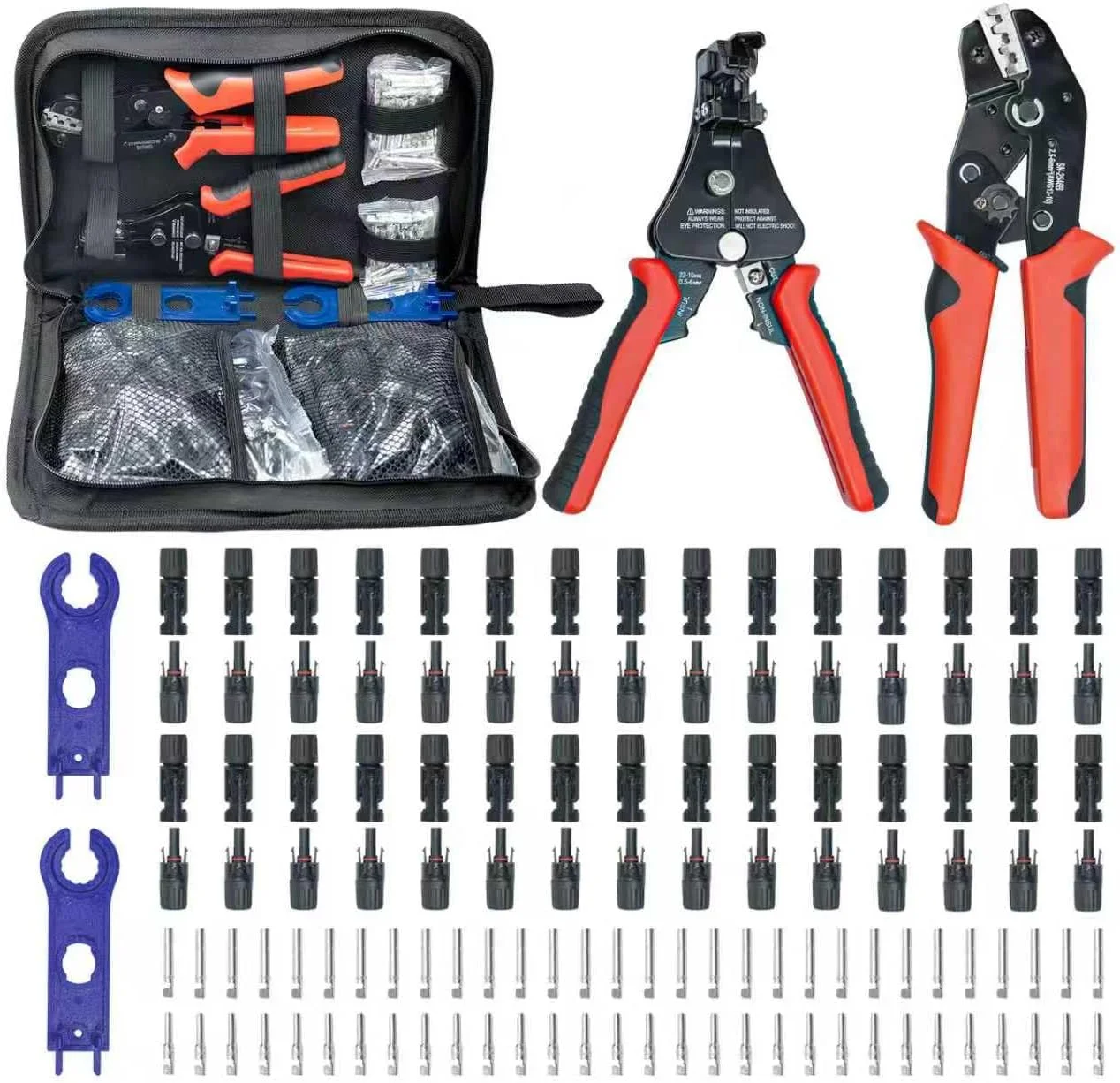 Solar Connector Crimping Tool Kit components including crimper, stripper, MC4 connectors, and spanners