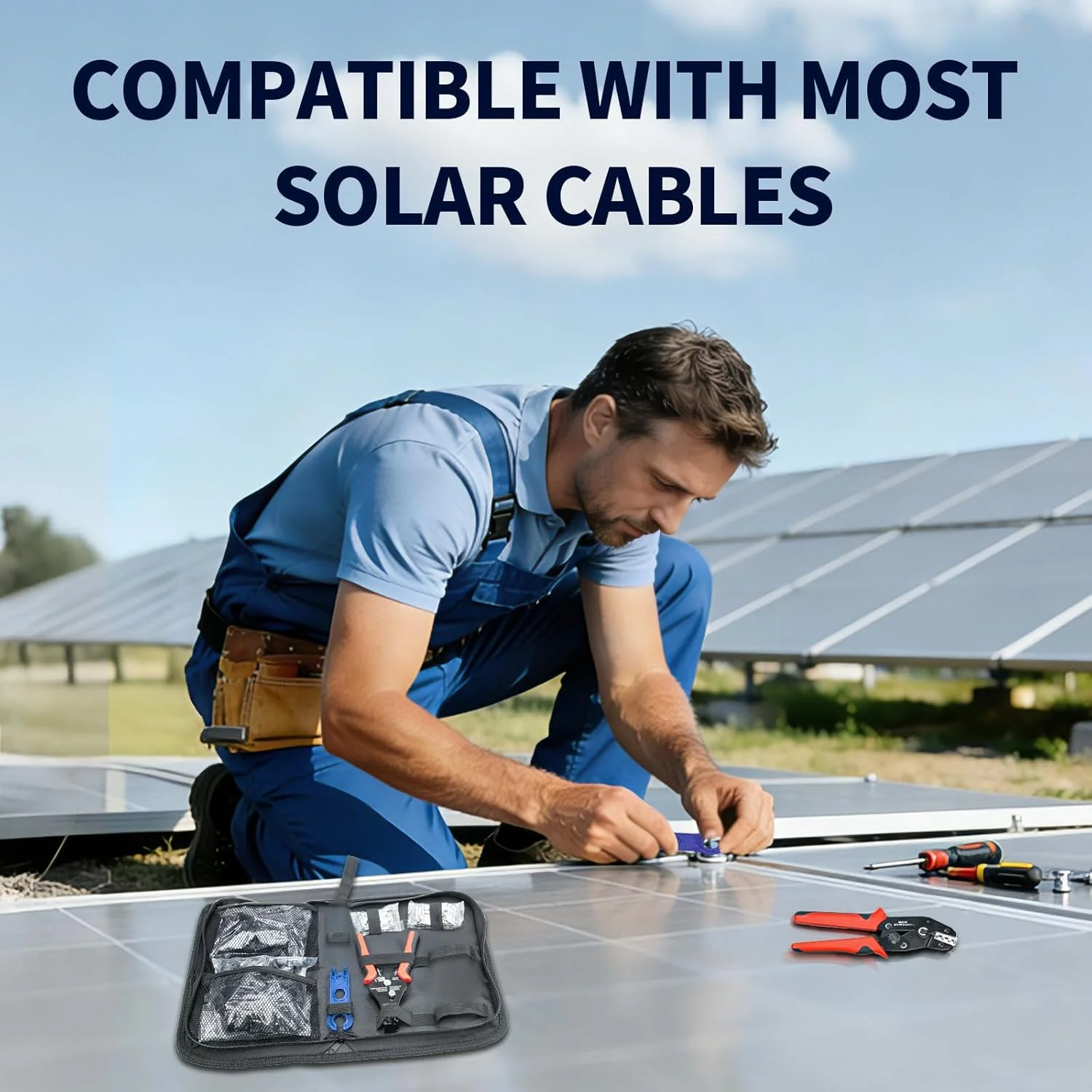 A solar panel array being installed, emphasizing the importance of secure connections made with tools like this kit.
