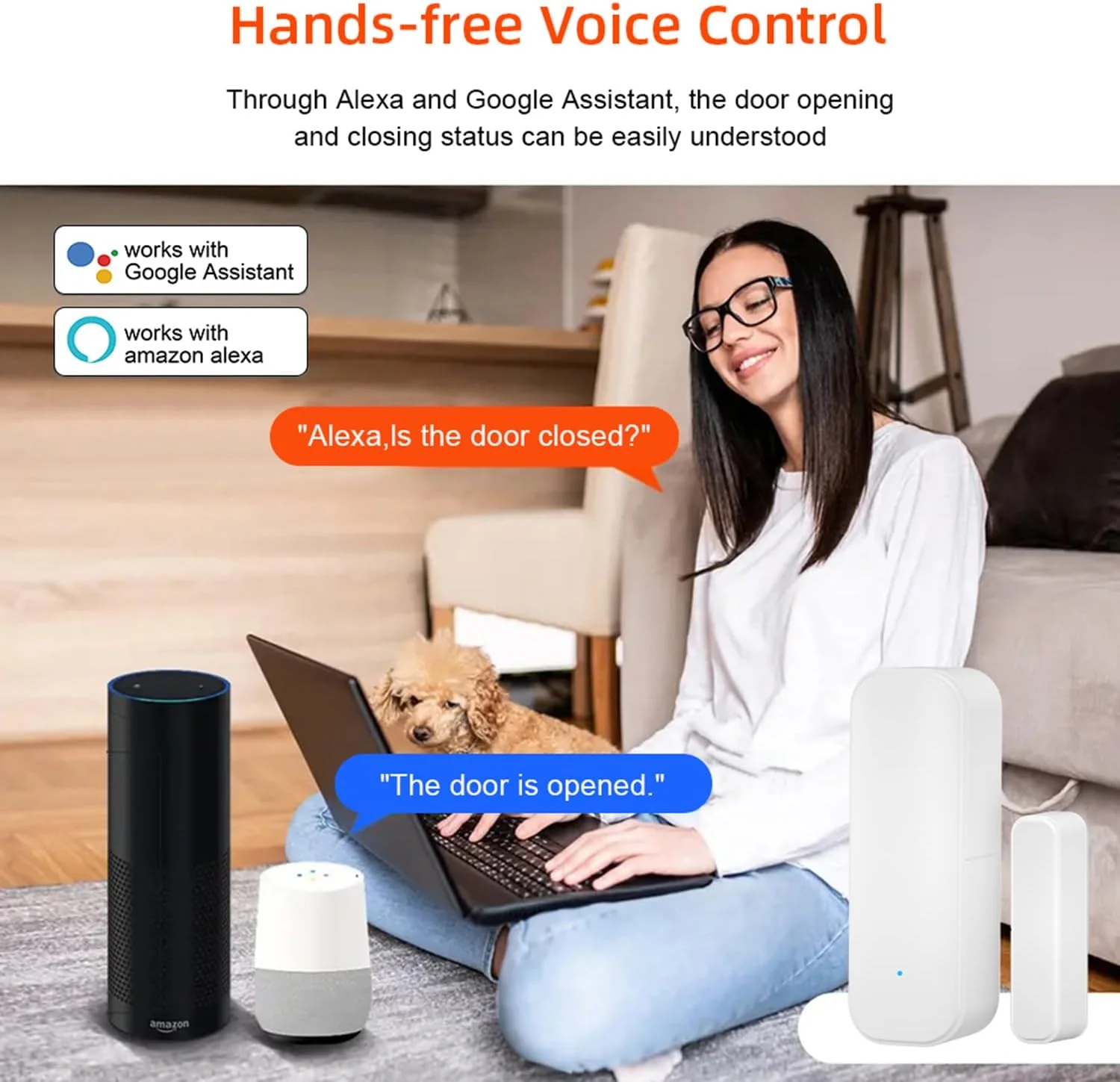 Tuya Smart WiFi Door Sensor with Alexa and Google Assistant logos