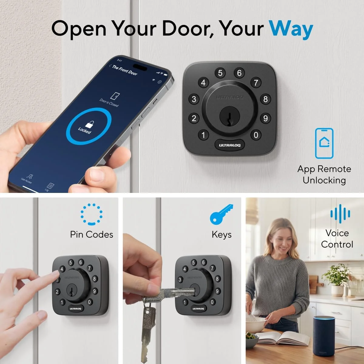 Close-up of ULTRALOQ U-Bolt WiFi keypad and mechanical key cylinder
