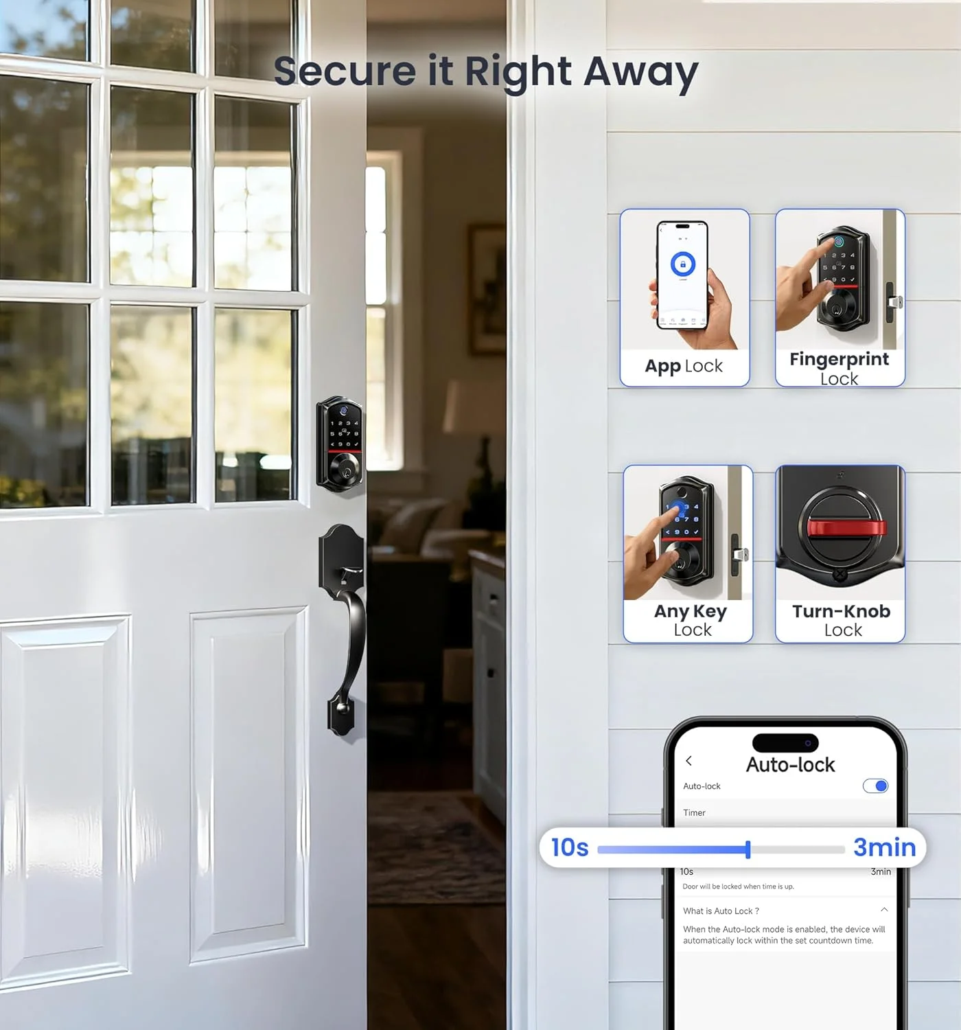 Veise VE017-H smart lock shown installed on a door, highlighting its design