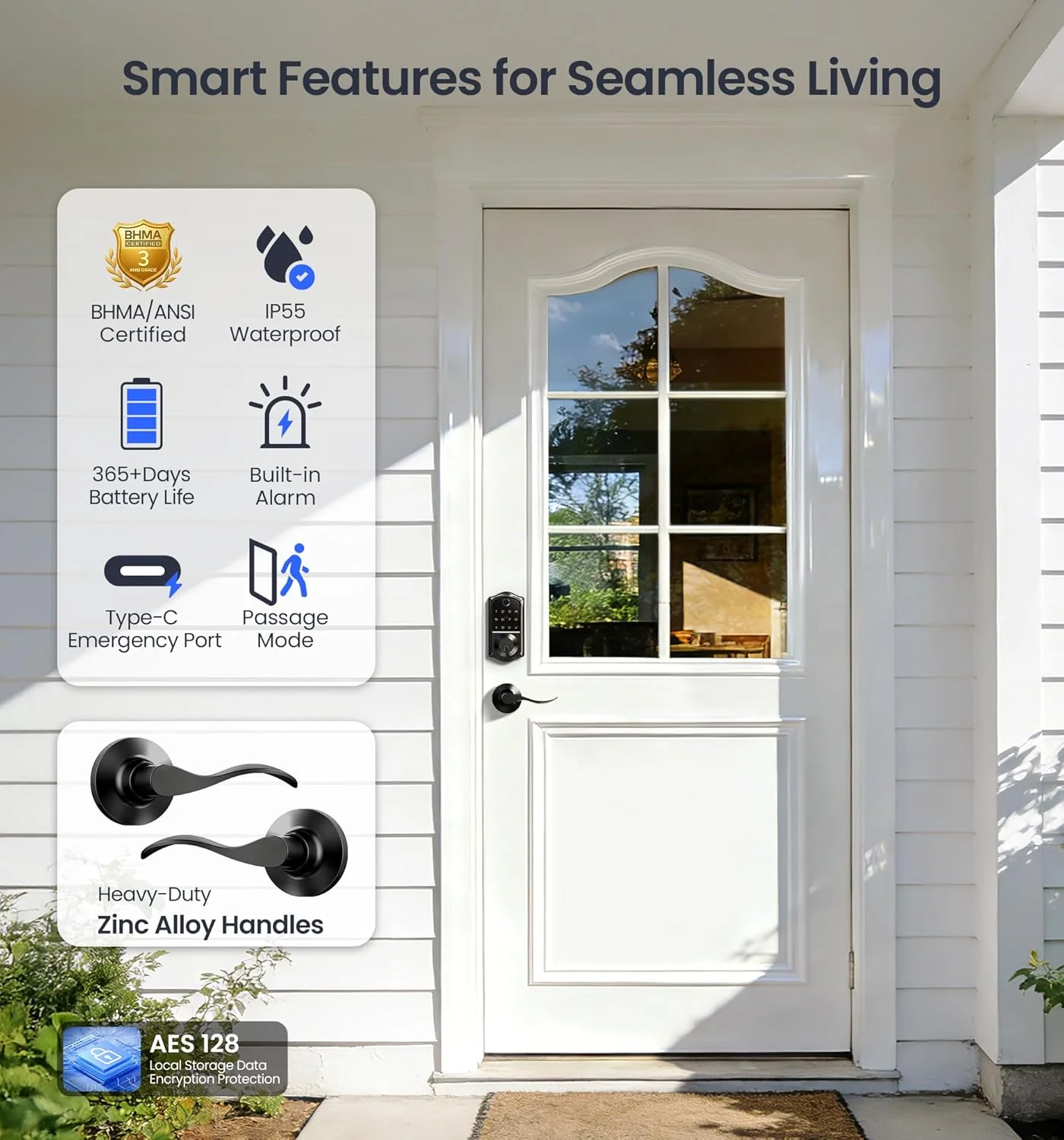 Veise VE017-L smart lock installed on a door, showcasing its weather resistance