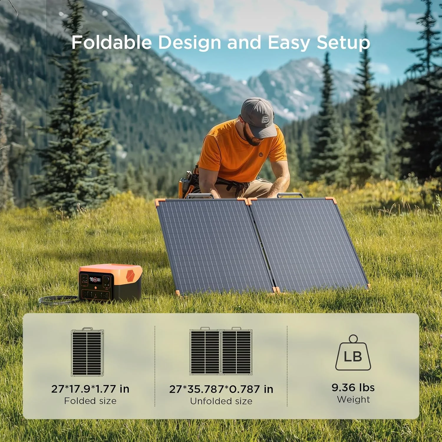 The ZOUPW 100W Portable Solar Panel in a folded state, highlighting its compact dimensions