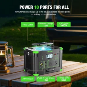1000W Portable Power Station, 999Wh Solar Generator Backup Battery with Pure Sine Wave, Solar/AC/Car Chargable for Camping, RV, Home Emergency & Outdoor Adventures view 4