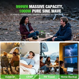 1000W Portable Power Station, 999Wh Solar Generator Backup Battery with Pure Sine Wave, Solar/AC/Car Chargable for Camping, RV, Home Emergency & Outdoor Adventures view 5