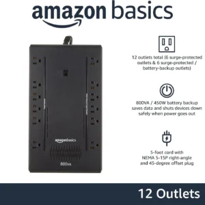 Amazon Basics UPS Battery Backup & Surge Protector, 800VA/450W, 12 Outlets, Standby Uninterruptible Power Supply, Compact, Black view 2