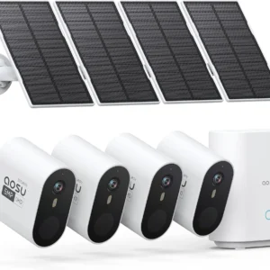 aosu 3K/5MP Security Cameras Outdoor Wireless Home Surveillance System, Solar Powered, 166° Ultra-Wide-Angle, HD Color Night Vision, Spotlight & Siren Alarm, Motion Alert, Easy Setup, 4-Cam-Kit view 1