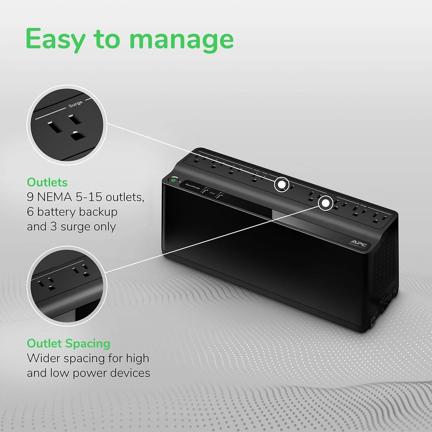 Close-up of the APC BE850G2 UPS outlets