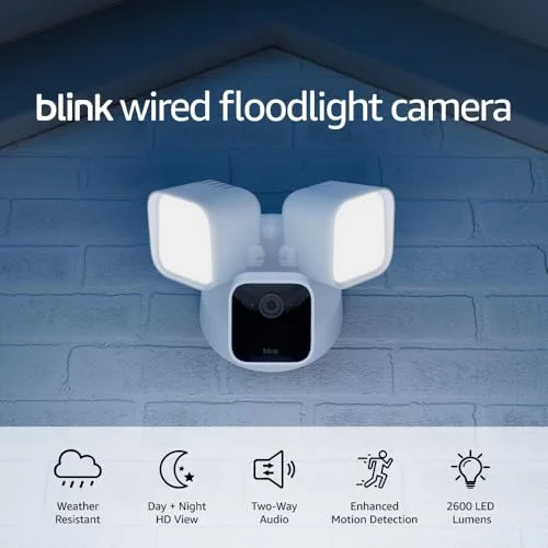 Blink Wired Floodlight Camera, Smart security camera, 2600 lumens, HD live view, enhanced motion detection, built-in siren, Works with Alexa, 1 camera (White)