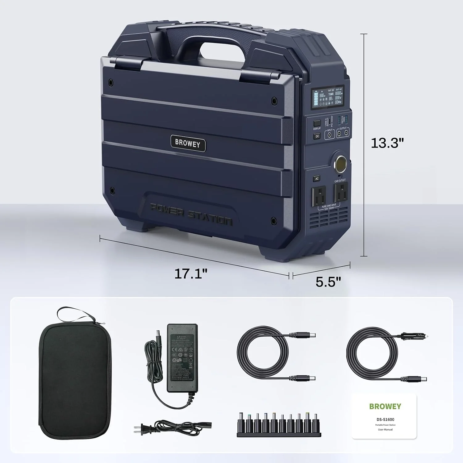 BROWEY 1600W (3200W Peak) Portable Power Station, 1024Wh LiFePO4 Battery with Built-in Solar Panel, 100W USB-C PD, Solar Generator for Camping, RV, Home Backup, Emergency (Dark Blue)