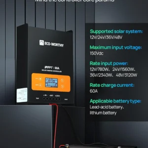 ECO-WORTHY 60A MPPT Solar Charge Controller with Bluetooth&WiFi, Max PV Input 150V,12/24/36/48V Solar Panel Regulator for Lead-Acid/Lifepo4 Battery in Solar System RV view 2