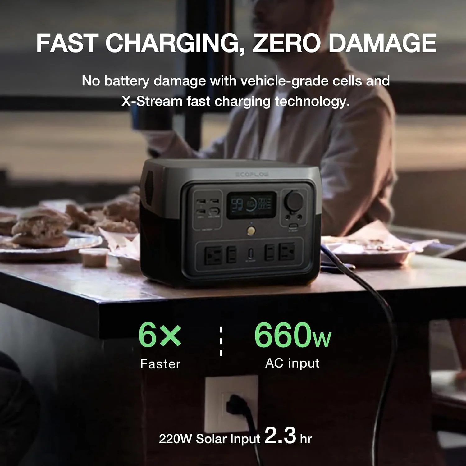 EF ECOFLOW RIVER 2 Max 500 connected to an AC outlet, showing rapid charging indicator