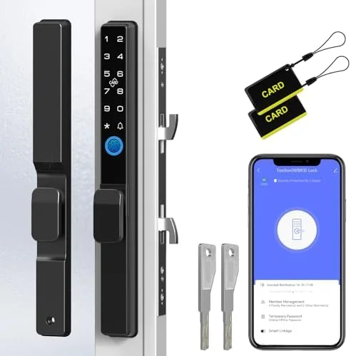 eLinkSmart Sliding Glass Patio Door Smart Lock, Ultra-Slim Mortise Lock – Keyless Entry with Fingerprint, Keypad, RFID & Biometric, Tuya App Control Waterproof for Home, Apartment (Black)