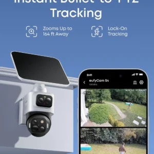 eufy Security eufyCam S4,4K Solar Camera Wireless Outdoor, 3-Lens Bullet-PTZ Cam, 360° Coverage, 8X Auto Zoom, AI Recognition,AI Track, Color Night Vision, 0 Monthly Fee, Built in 32 GB Storage view 5