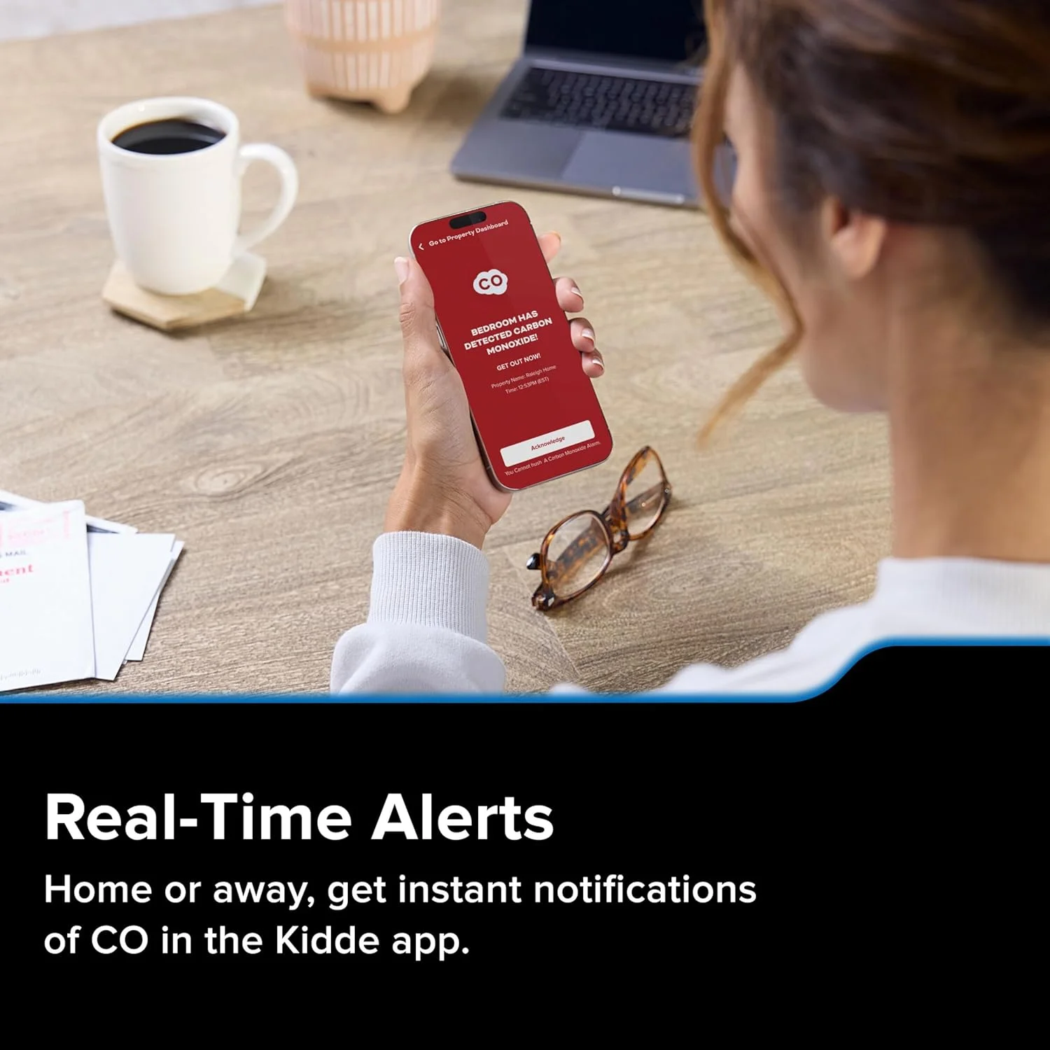 Kidde app interface showing real-time CO notifications