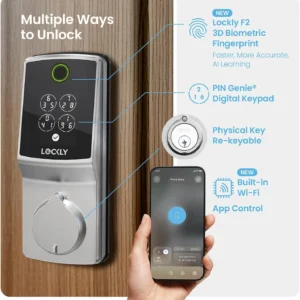 Lockly Secure Pro Smart Lock, 0.2s AI Fingerprint Door Lock, Patented PIN Genie Keypad, Keyless Entry Deadbolt for Front Door, Zinc Alloy, IP65 Waterproof, 2 Backup Keys Included view 2