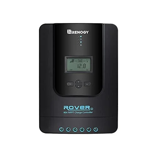 Close-up of the Renogy Rover 40A MPPT controller ports and LCD display