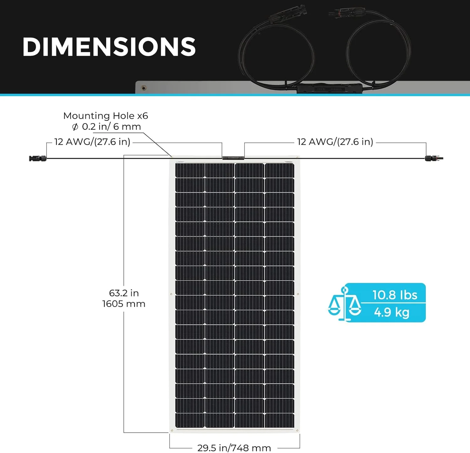 Renogy flexible solar panel with pre-drilled holes and connector cables