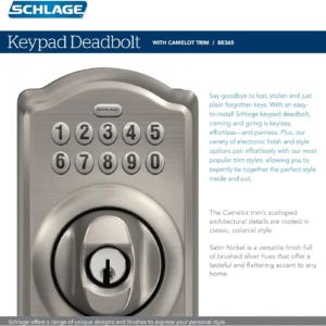 Schlage Camelot Electronic Keypad Deadbolt Lock, Keyless Front Door Entry, Mechanical Key Backup Included, Matte Black, BE365 CAM 622 view 7