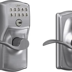 Schlage Camelot Keypad Lock with Lever Handle, Electronic Keyless Door Entry, Flex Lock Auto‑Lock Option, Satin Chrome, FE595 CAM 626 ACC view 1