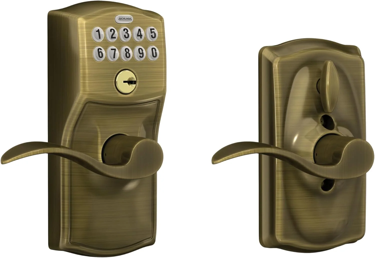 Schlage Camelot Keypad Lock with Lever Handle, Electronic Keyless Door Entry, Flex Lock Auto‑Lock Option, Satin Chrome, FE595 CAM 626 ACC