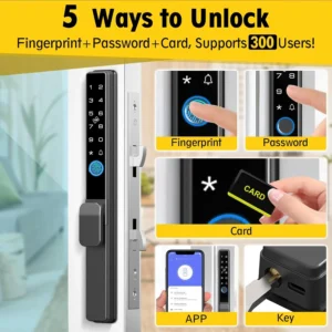Sliding Door Smart Lock, Eseesmart Sliding Glass Door Lock with Fingerprint, Smart Mortise Lock with APP IC Card Code Keys, Patio Door Double Hook 2085 Mortise Lock Set with Handle view 2